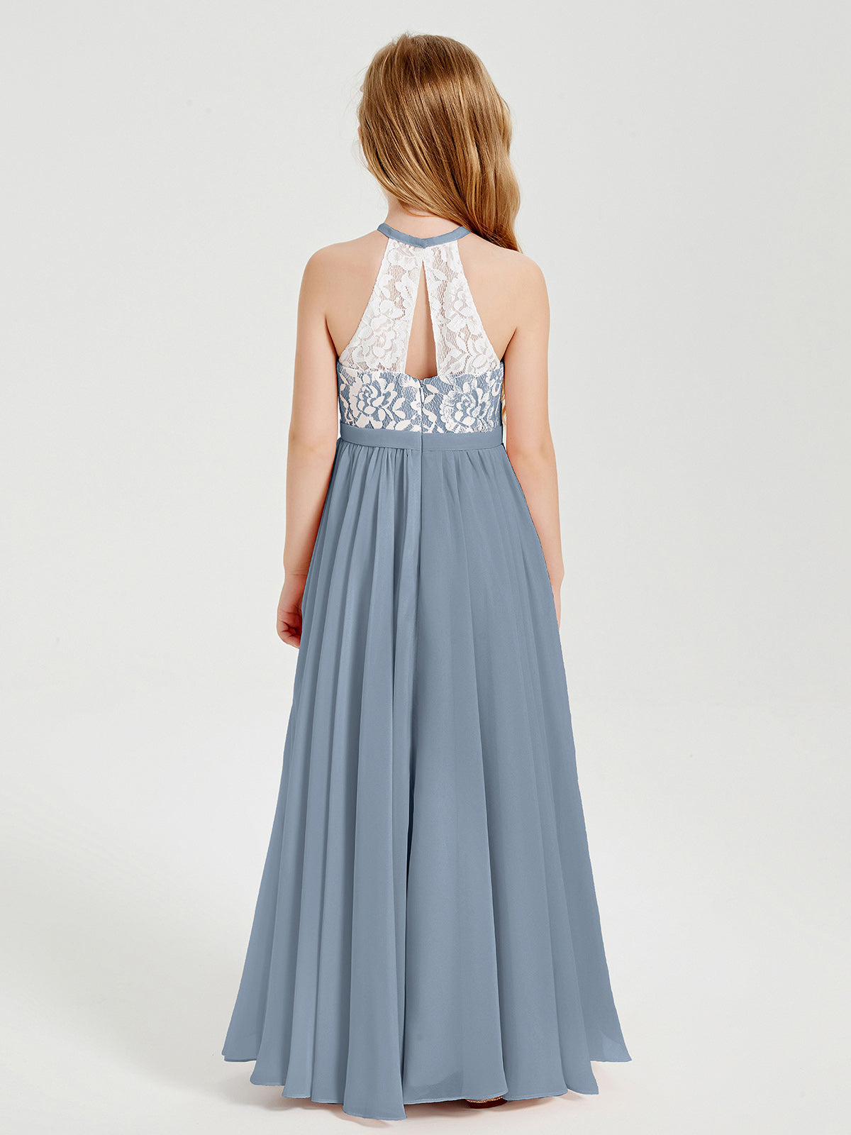 Lace Top Long Chiffon Bridesmaid Dresses Dusty Blue